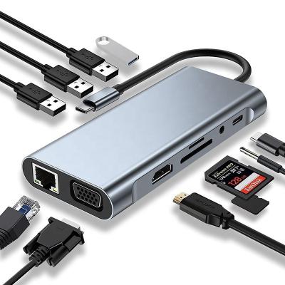 China Dock de eje USB C multifunción con lector de tarjetas SD Gigabit RJ45 Ethernet TF HDMI VGA USB 3.0 en venta