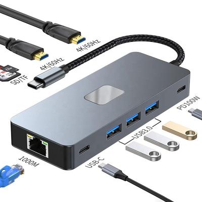 中国 10 In 1 USB C Hub To Dual HDMI 4K 60Hz Adapter Dock with USB 3.0 Ethernet RJ45 1000Mbps 販売のため