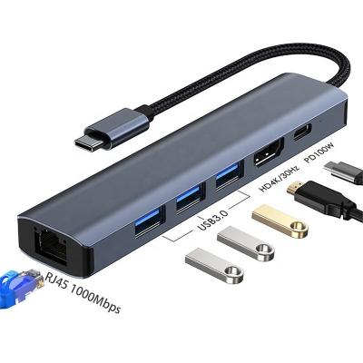 China 6-In-1 USB C Type C Hub Stock 4K HDMI 3 USB 3.0 1000Mbps RJ45 PD Adapter for Macbook Pro for sale