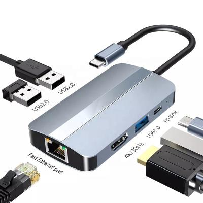 China USB C Type C Male Input 6 In 1 Hub with 4K HD HDMI USB 3.0 2.0 RJ45 Lan Ethernet OEM zu verkaufen