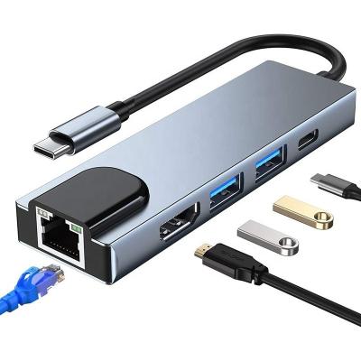 China 4K HDMI Adapter USB-C Hub with RJ45 USB 3.0 USB 2.0 and PD Output Aluminum Alloy for sale