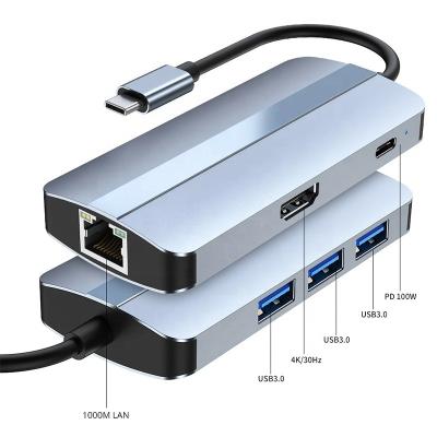 China 6 en 1 USB A Hub 4K HDMI USB3.0 RJ45 1000Mbps PD Adaptador de carga en venta