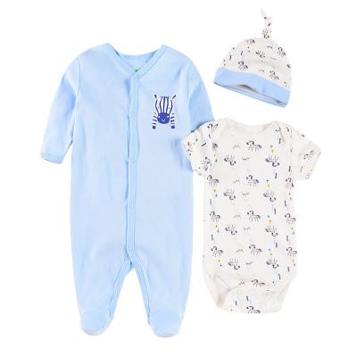 China Hot Selling Office Anti Shrink Service Baby Clothes Pajamas Baby Boy Clothes Long Sleeve Short Cap Baby Romper 3 Pieces for sale