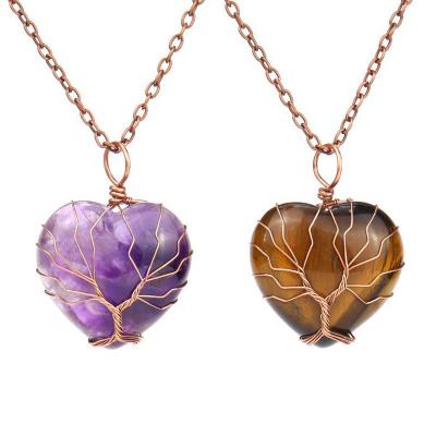 China TRENDY Handwoven Retro Natural Amethyst Peach Heart Natural Stone Tree Pendant Life Necklace For Women for sale