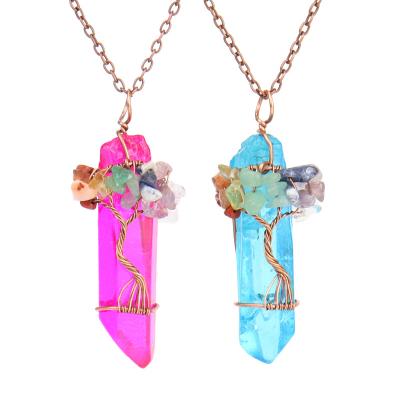 China FASHIONABLE Retro Plated Hand Wound Seven Chakra Stone Natural Crystal Pillar Pendant Necklace for sale