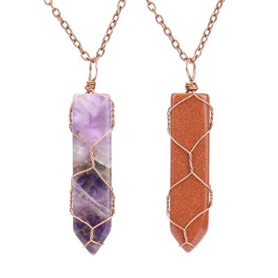 China TRENDY Retro Fashion Hand-wound Natural Amethyst Tiger Stone Sword Shaped Net Pendant Necklace for sale