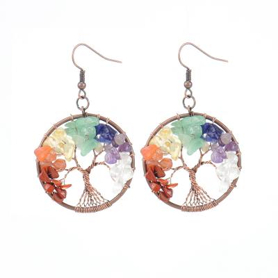 China Wholesale Fashion Factory TRENDY Natural bronze Crystal Gravel Tree of Life Earrings For Women Seven Chakra Ear Drop Handmade Jewelry for sale