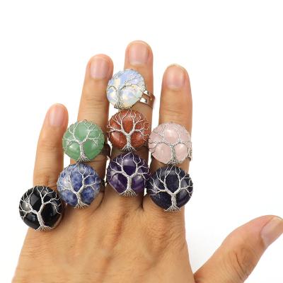 China TRENDY Wholesale Tree of Life Stone Simple Rings Large Wrapped Cabochon Silver Round Bead Handmade Open Resizable Band Ring Silver for sale