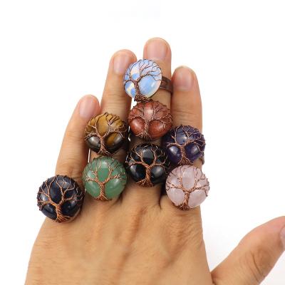 China TRENDY Wholesale Tree of Life Stone Simple Rings Large Wrapped Handmade Open Resizable Band Ring Bronze Cabochon Silver Round Bead Coin for sale