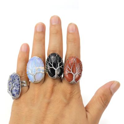 China TRENDY Wholesale Tree of Life Stone Simple Rings Large Wrapped Handmade Open Resizable Band Ring Silver Cabochon Oval Bead Coin for sale