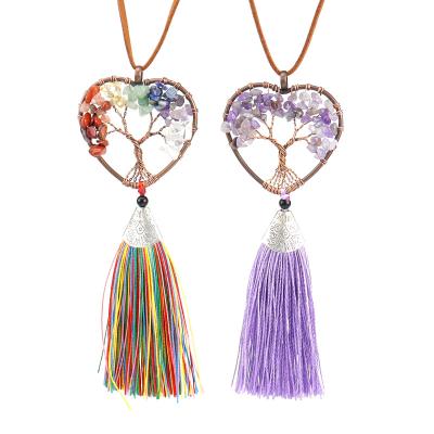 China Factory Wholesale Fashionable Handmade Fishing Line Tassel Wrapping Life Of Tree Charm Pendant Crystal 7 Chakra For Home Decoration Cars for sale