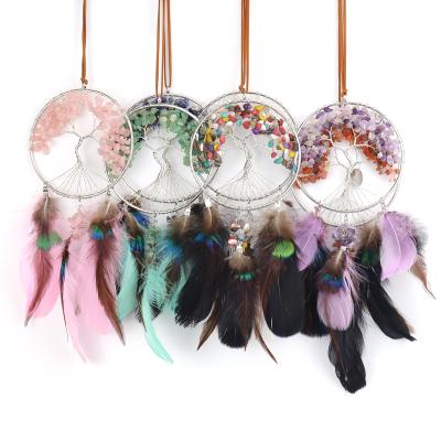 China Fashionable Hot Selling Seven Color Stone Feathers Dreamcatcher Hand Weaving Pendant Natural Crystal High Quality Bedroom Decoration for sale