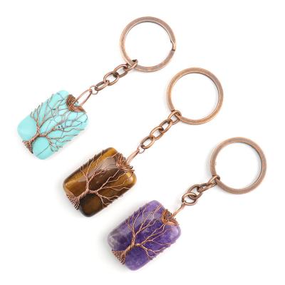 China Hot Sale Tree of Life Pendant Crystal Quartz Amethyst Pendant Keyring Natural Pink Key Chain Crystal Wholesale Handmade Rectangular Stone for sale