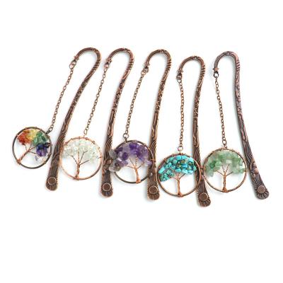 China India Factory Wholesale Rounded Bronze Straight Root Tree of Life Seven Chakra Engrave Natural Crystal Bookmarks Metal Office Brand Page for sale