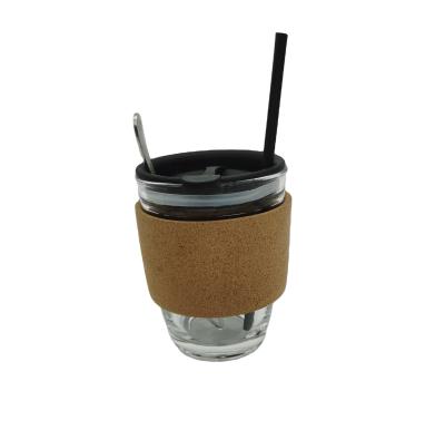 China 12oz Reusable Glass Coffee Mug With Lid And Cork Strip TD8.6*BD6*H11cm (With Lid) for sale