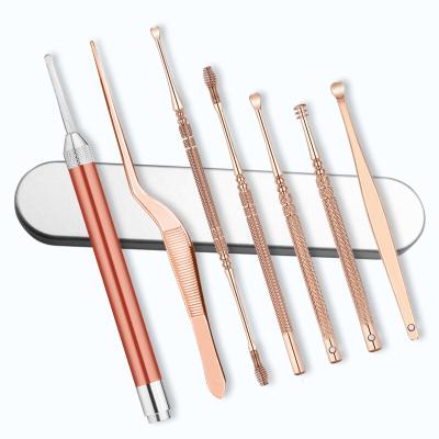 China New Arrival 7pcs Rose Gold Ear Pick Earwax Removal Kit Professional Ear Cleaning Tool Kit Stainless Steel JDK With Case for sale