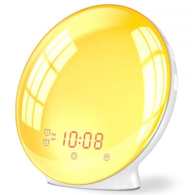 China Minimalist HIMOJO Wake Up Sleeping Light Simulation Sunrise Lamp Night Snooze Colorful Digital Alarm Clock Light With FM Radio for sale