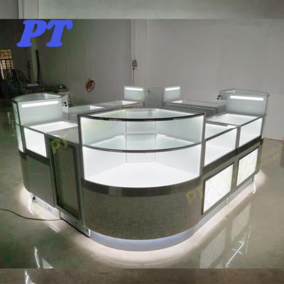 China Modern Corner Shopping Mall Commerical Showcase Glass Display Modern Luxury Jewelry Display Showcase Kiosk for sale