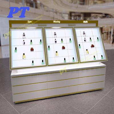 China Luxury Floor Standing Wooden And Glass Display Stand Duty Free Shop Furniture For Perfume for sale