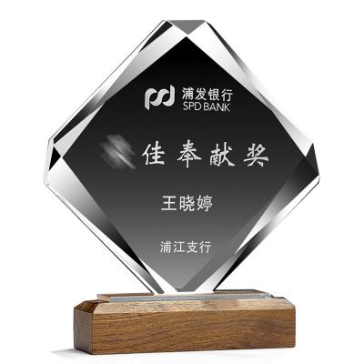 China China Wholesale China Crystal Trophies Custom UV Printing White k9 Crystal Trophy With Wooden Base for sale