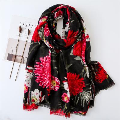 China Fashion Jstar New Summer Flower Fashionable Printed Black Shawls Fringed Long Edge Scarf for sale