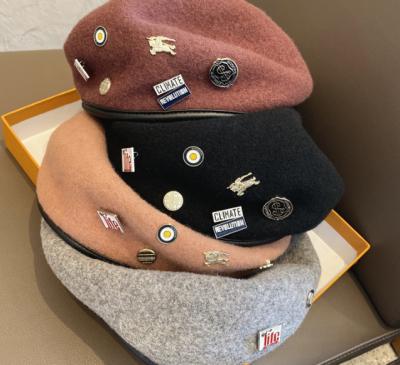 China Small MOQ Dropshipping Fast Promotional Custom Character Embroidered Logo Wool Beret Hats For Women for sale