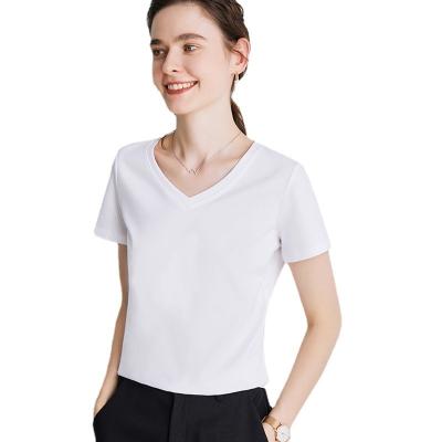 China Other Spring Women's Solid Color V-Neck Top Ladies T-shirt Cotton Short Sleeve White T-shirt for sale