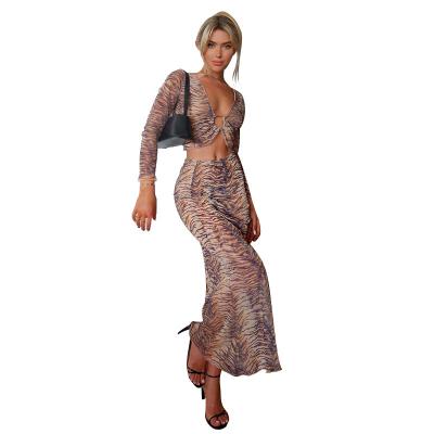 China Other Fashion Women's New Tiger Pattern Ring Wooden Ears Two Piece Set Sexy Navel Long Skirt for sale