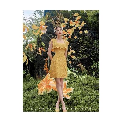 China Other Elegant Lace Dress New Square Collar Embroidery Hollow Yellow Casual Fashion Short Dress for sale