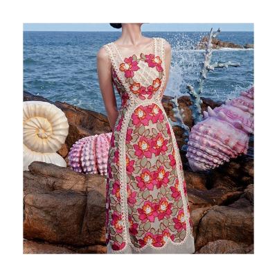 China Other Niche New Fashion Elegant Floral Embroidered Flower Lace Up Long Beach Dress for sale