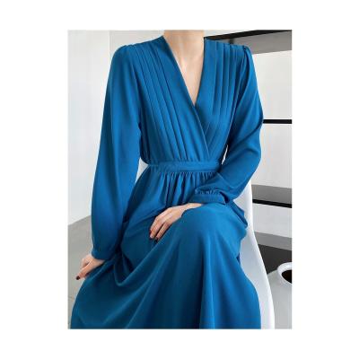 China Others New Fashion Solid Color Korean Style V-Neck Women's Dress Long Sleeve Pleated Dress for sale