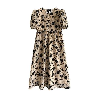 China The Other Size High Quality Hot Pink High Temperament Sale Retro Dress Floral Mid Length Puff Sleeve Dress for sale