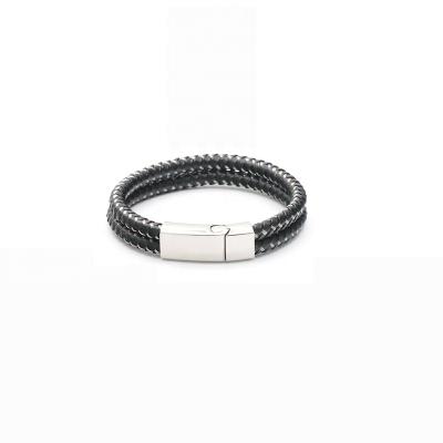 China RB Two FASHION Braided Rope Bracelet Magnet Lock Jewelry Black And White Genuine Leather Bracelet For Unisex Man for sale