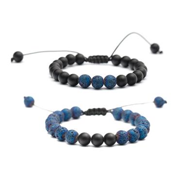 China Blue Rock Lava Beads Wholesale Trendy Natural Stone Black Agate Pulsera 8mm RB Bracelets for 2pc/set unisex pulseras de piedra for sale