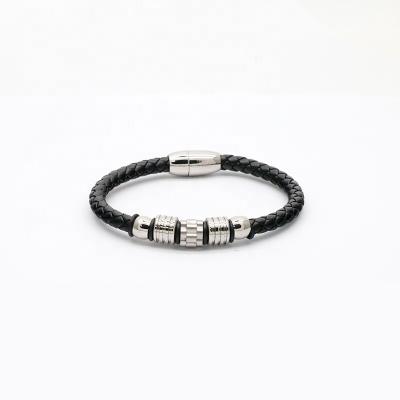 China Wholesale RB Jewelry Gift CLASSIC Black Leather Bracelet Set Steel Magnetic Bangle Stainless Steel Bangle Set Men for sale