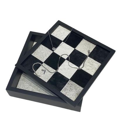 China Horsehair Light Luxury Jewelry Box With Lid Checkerboard Style Tray Light Luxury Solid Wood Bedroom Porch Jewelry Storage Box Box for sale