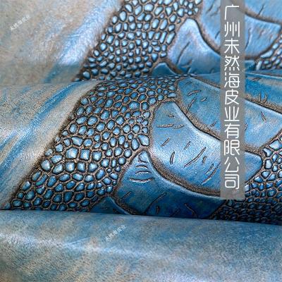 China Ostrich Foot Pattern Two Tone Blue Vintage Blue White Wrinkle Resistant Cowhide Genuine Leather for sale