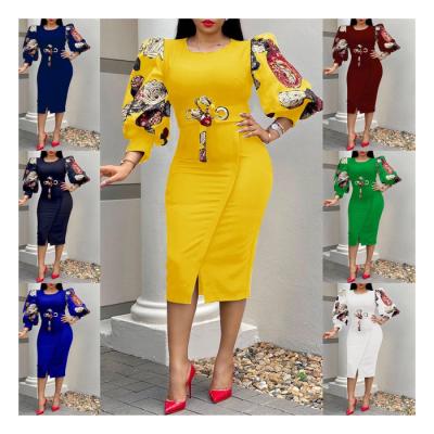 China hot sale Anti-wrinkle plus size casual dresses ladies puff sleeve printed African Midi dresses for women clothing for sale