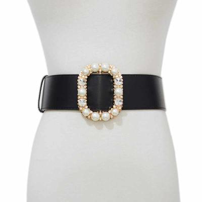 China 2021 New Fashion Ladies Fashion.Casual Women's Belt Faux Stone Luxury Wild Wide Pearl Leather Square Waist Belt bg-1543 for sale