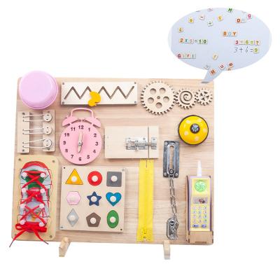 China Initiation toy New kids two-sided bracket busy board multi-function baby unlock board games wooden early education Montessori busy board toys for sale