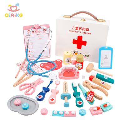 China Educational toy Children's doctor role playing injection tool simulation medicine boxdoctor toy play medical set Wooden doctor toy set for sale