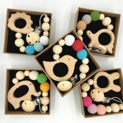 China Eco-friendly Beech Wood Teething Ring Pacifier Teether Toy Chain with Wooden Beads for sale