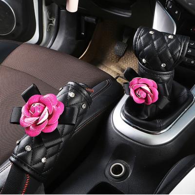 China Business Rose Red Camellia Car Interior Set Handbrake Shift Cover Gear Cover Universal Seat Cover for sale