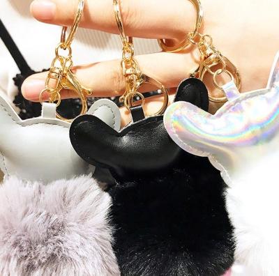 China Souvenir Gifts Promotion French Bulldog Keychain Fluffy Rabbit Fur Ball Pompom Key Chain PU Leather Animal Dog Keyring for sale