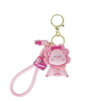 China Promotion Cute 3d Custom PVC Cartoon Flower Pig Key Chain Creative School Bag Decoration Car Key Chain For Couple Gift for sale