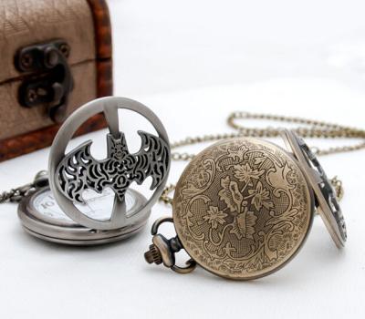 China Antique New Silver Gold Hollow Bats Case Quartz Pocket Watch with Pendant Chain for sale