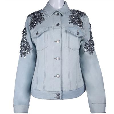 China Breathable custom women ladies Sequin Patches pearl beading denim jacket shoulders fallen for women for sale