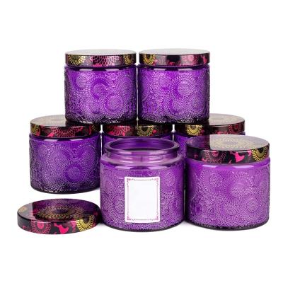 China Large Art Unique Status 12oz Purple Personalized Modern Embossed Recycled Candle Jar Empty 10 oz With Lid And Box for sale