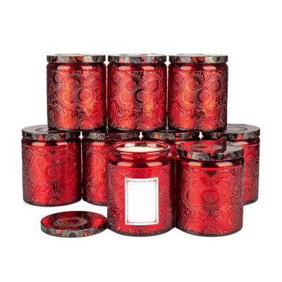 China Modern Unique Empty Art Embossed 8oz 250ml Plated Private Label Red Luxury Candle Jar Glass Holders And Canisters for sale