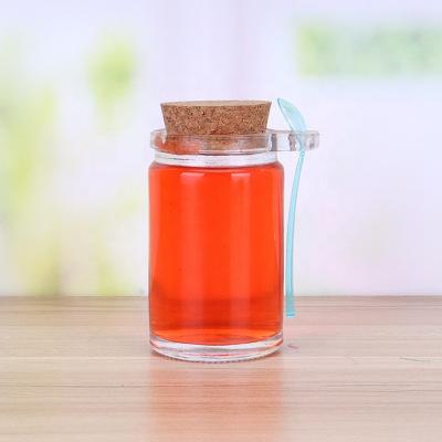 China Casual High End Small Honey Glass Jar With Spoon Plastic Borosilicate Glass Storage Jar With Cork Cover for sale